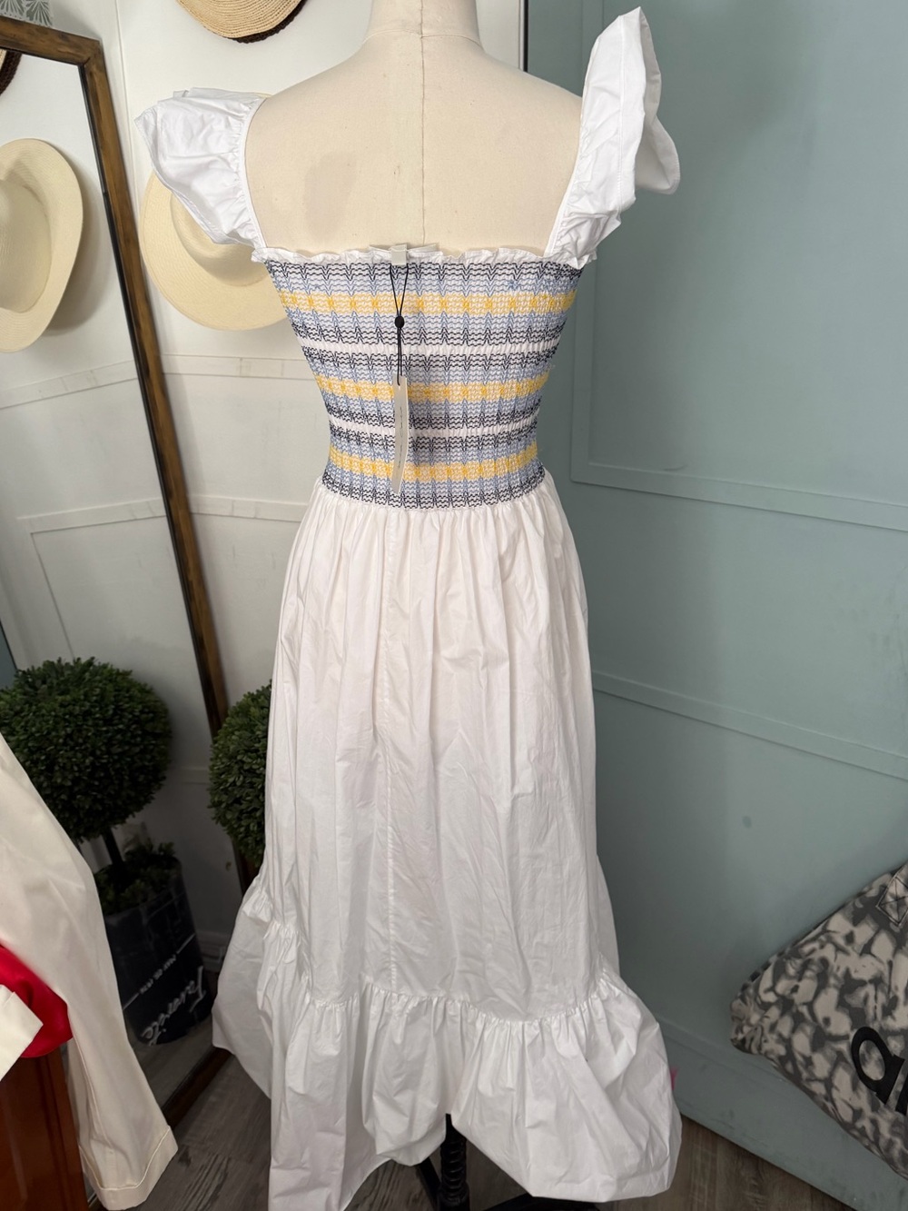 Cara Cara Ruby White Cotton Smocked Poplin Ruffle Midi Dress Size XS NWT - Picture 10 of 10